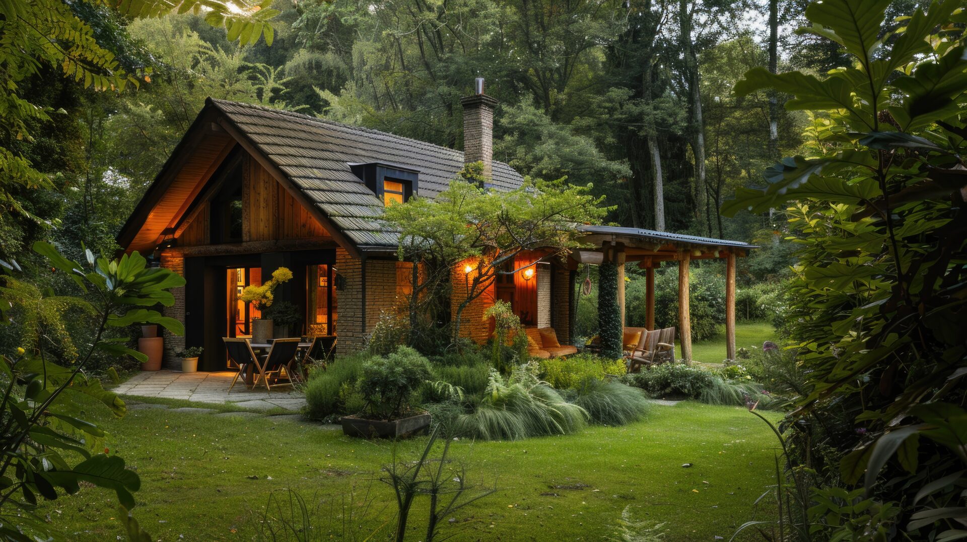 A-frame cabin glowing warmly in a dense forest at dusk